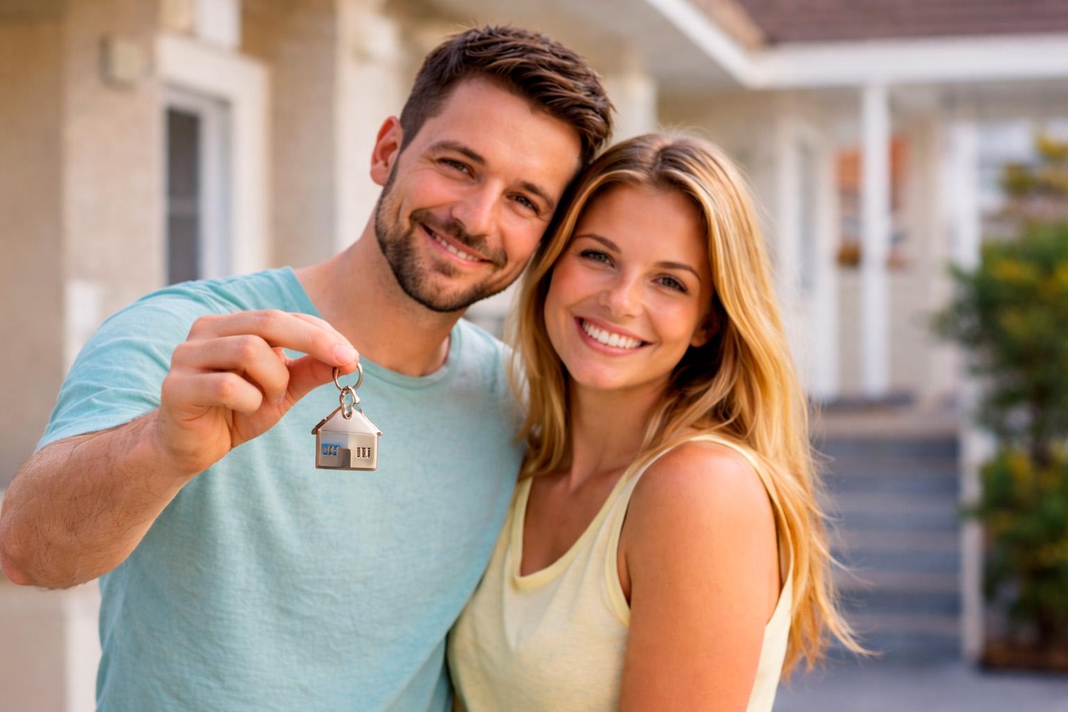 Casal feliz segurando a chave da casa própria